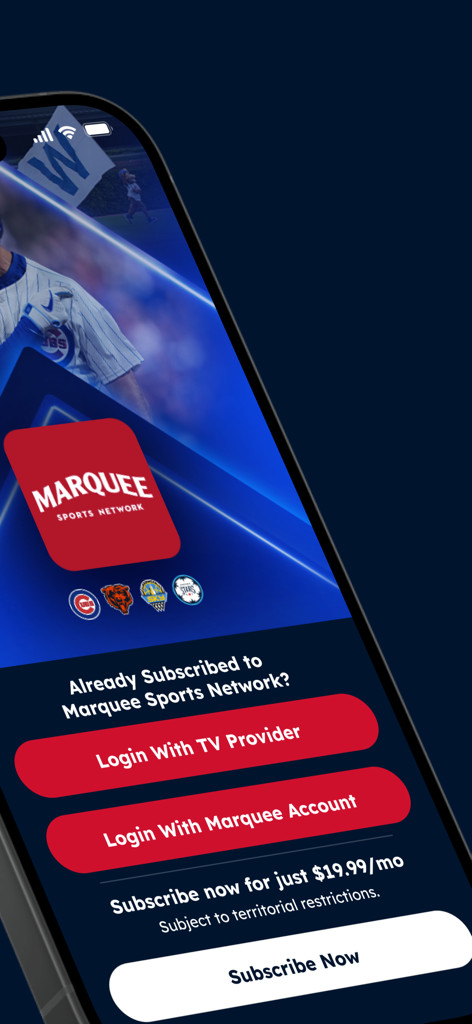 Login and subscription screen for Marquee Sports Network app showing pricing and sign in options