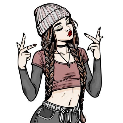 realistic teenage girl with braids and a beanie and crop top doing 🫶🏼