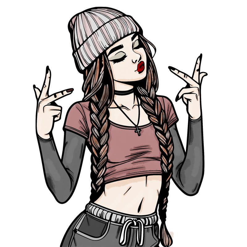 realistic teenage girl with braids and a beanie and crop top doing 🫶🏼