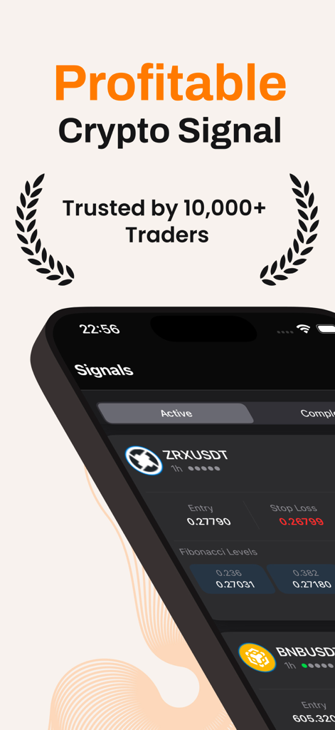 AI Trading Bot app interface showing crypto signals for ZRXUSDT with entry and stop loss levels