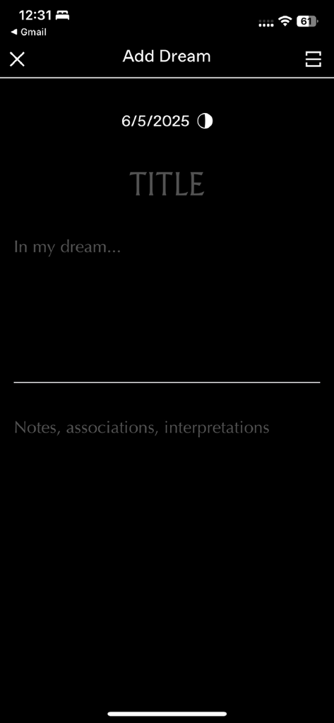 Elsewhere Dream Journal - Minimalist dark interface of the Elsewhere Dream Journal app for recording a new dream entry.