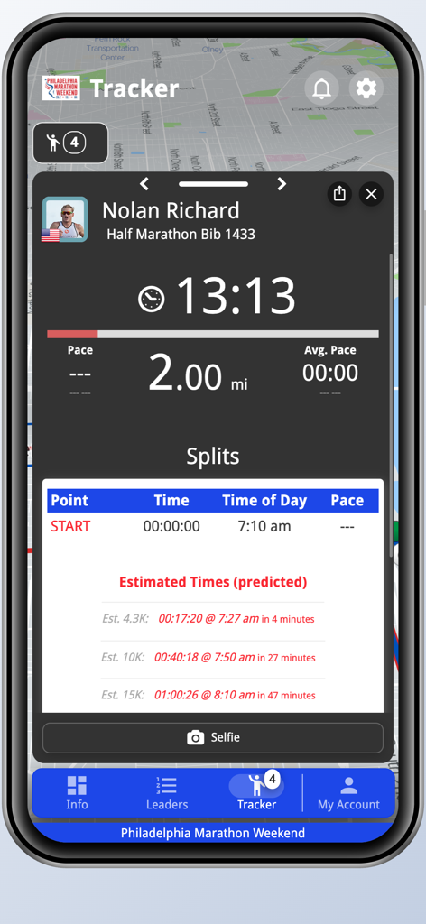 Philadelphia Marathon Weekend - Real-time athlete tracking screen in the Philadelphia Marathon Weekend app showing runner splits and estimated race times.
