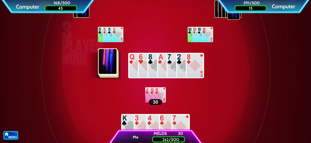 Classic Rummy 500 card game - Gameplay screen of Classic Rummy 500 card game showing a three player match with melded cards on a red tabletop background.