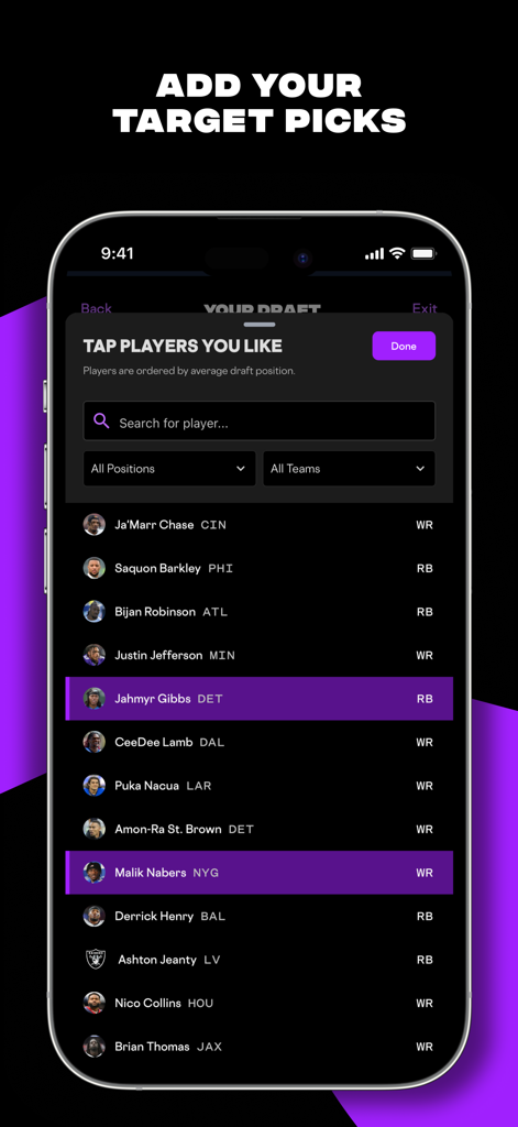 Selecting target NFL players in the RotoWire fantasy football draft assistant app.
