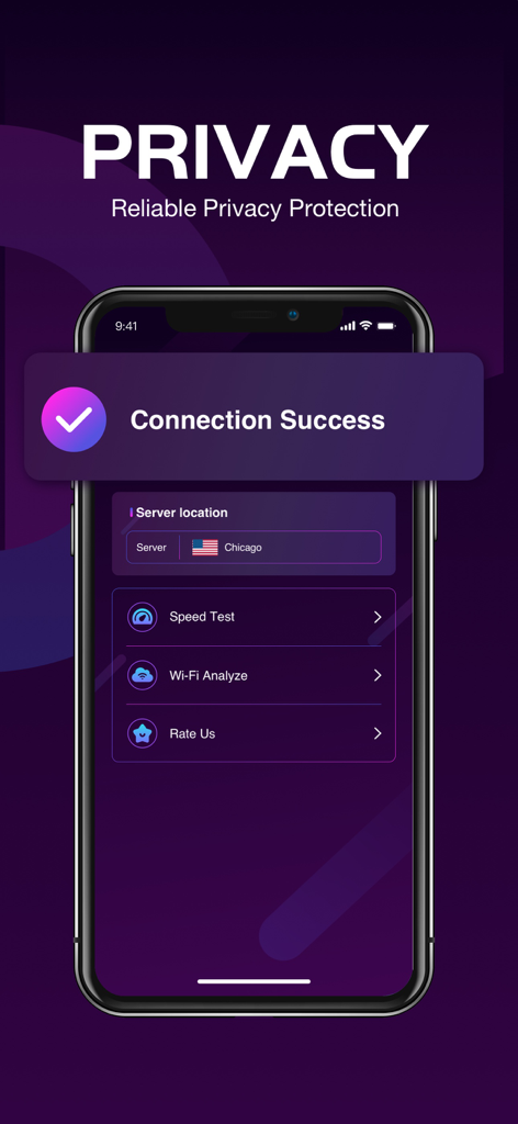 Screenshot of Lumen VPN interface showing a successful connection to a Chicago server with reliable privacy protection features.