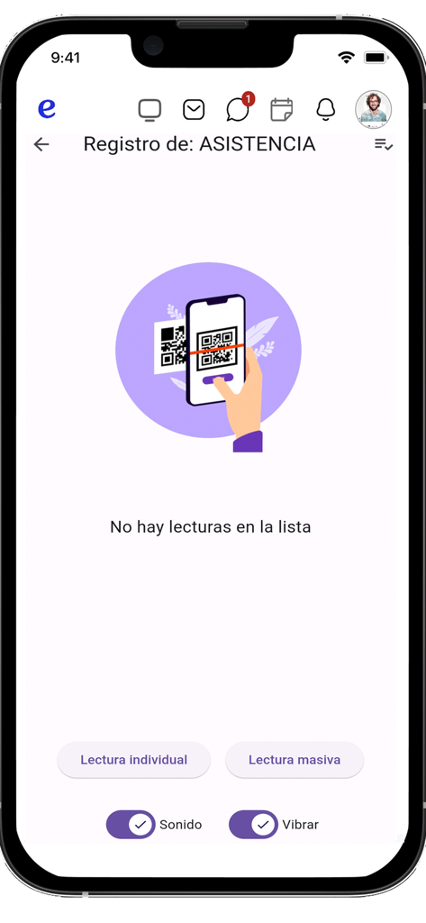Attendance registration screen in edusoft.net app featuring a QR code scanning interface for school management.