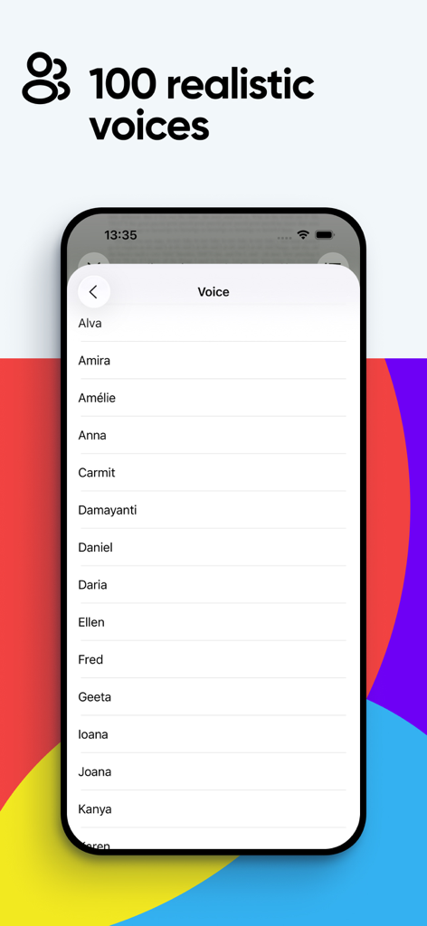Pantalla de la aplicación Voice Aloud Reader mostrando una lista de voces realistas de texto a voz