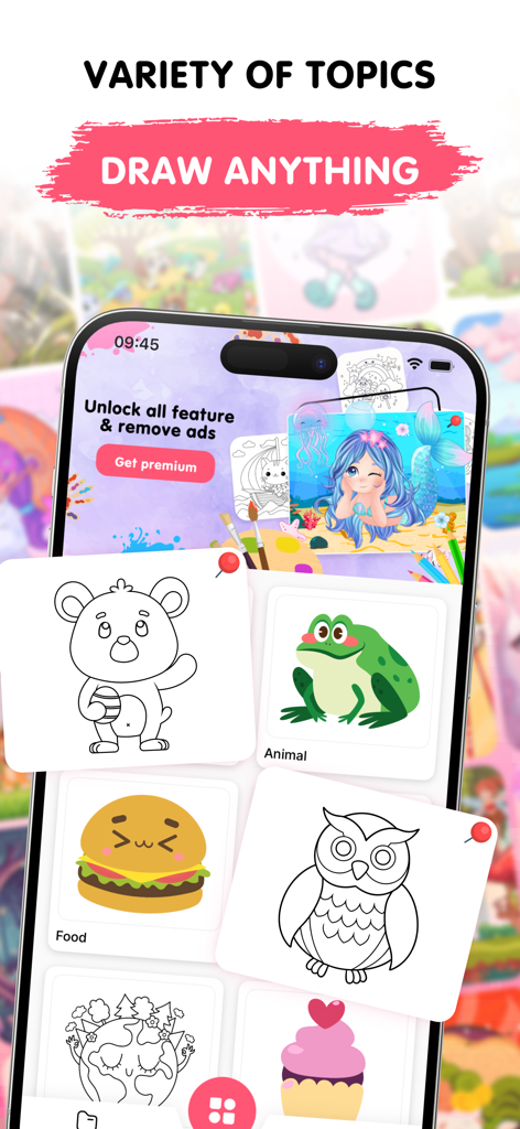 A mobile app interface for Easy Draw showing various drawing categories like animals food and environment with cute illustrations