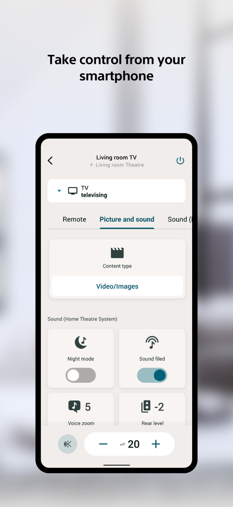 Sony | BRAVIA Connect - Sony BRAVIA Connect app interface on a smartphone showing TV and home theater sound controls