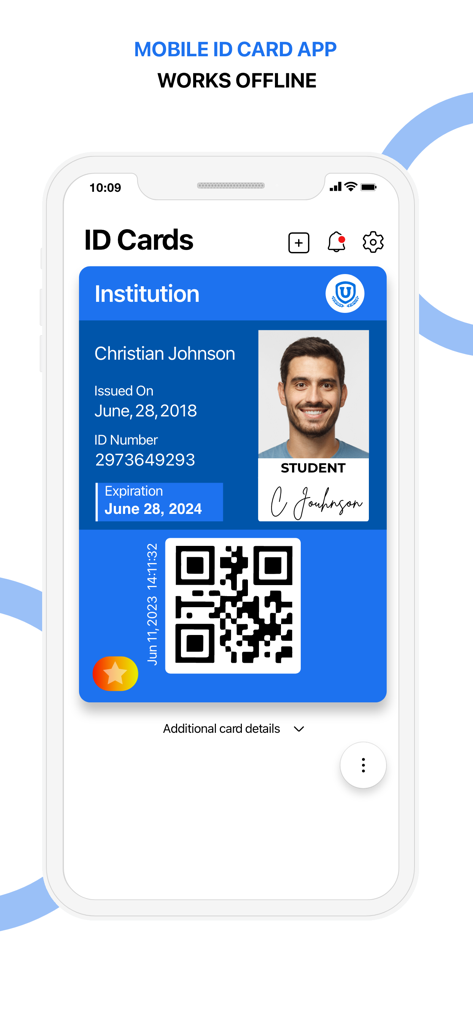 ID123 Digital ID Card App - A digital student ID card with a photo and QR code shown on a smartphone within the ID123 app