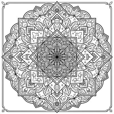 Unwind with this beautiful geometric mandala, intricately designed with the rich symbols of autumn. Discover falling leaves, hidden woodland creatures, and harvest motifs waiting for your creative touch.