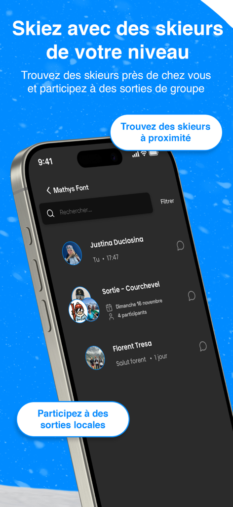 Winter Mate - Screenshot of the Winter Mate app showing features to find nearby skiers and join local group outings.