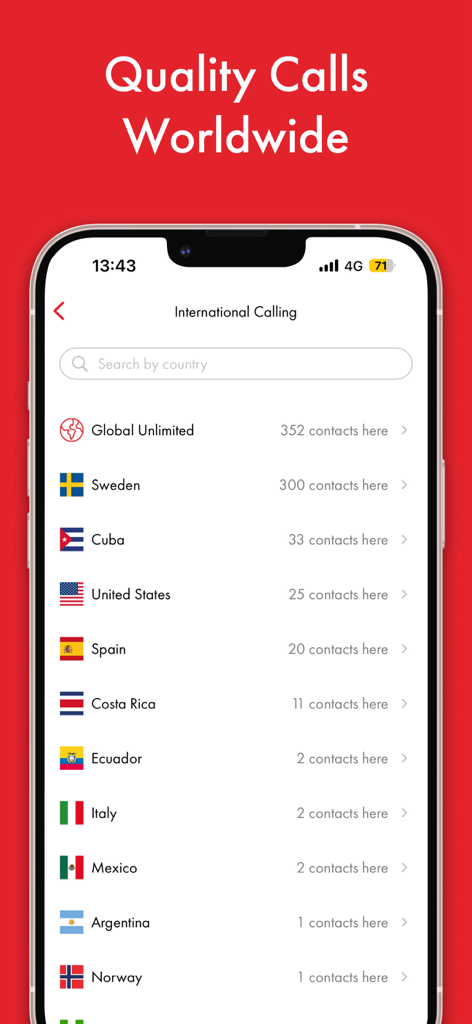 Rebtel app screen showing a list of countries for international calling including Cuba Mexico and Spain