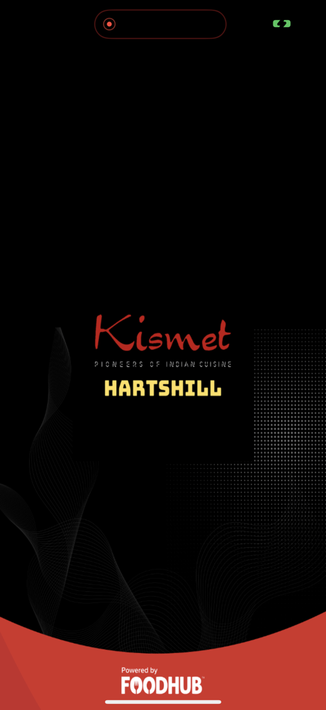 Kismet Hartshill - Pantalla de inicio de la app móvil del restaurante indio Kismet Hartshill con el logo y el eslogan.