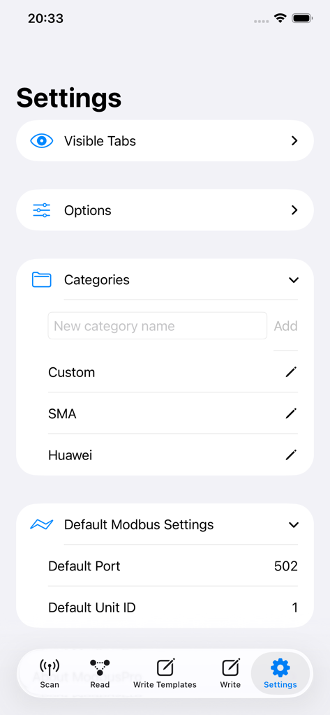 Modbus TCP Pro - Settings screen for configuring Modbus TCP Pro options and default port values
