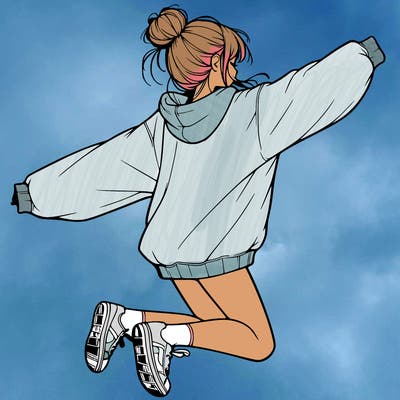 realistic girl jumping with a bun and oversized sweatshirt