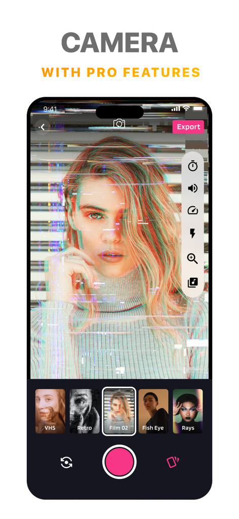 SlideShow Maker Photo Video · - Movie Lab app camera interface showing a glitch effect filter applied to a portrait photo with pro editing tools.