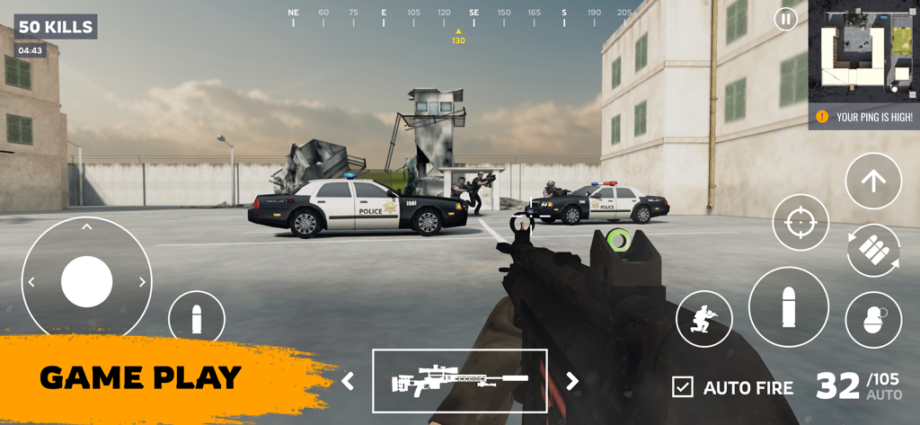 Gun Shooting Games: Online FPS - Action gameplay of a first person shooter showing a commando aiming an assault rifle in an urban environment