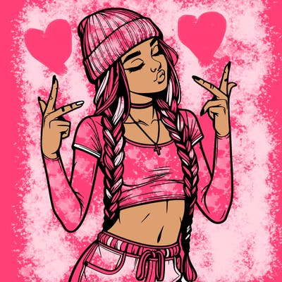 realistic teenage girl with braids and a beanie and crop top doing 🫶🏼