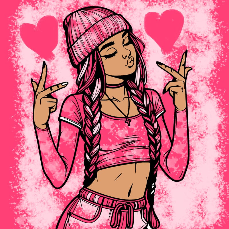 realistic teenage girl with braids and a beanie and crop top doing 🫶🏼