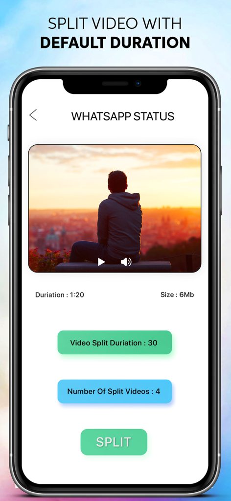 Video Splitter Cut Story Maker - Interface of Video Splitter app showing options to split a long video into 30-second segments for WhatsApp Status.