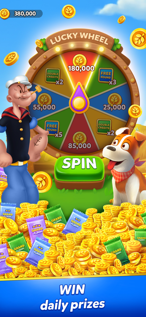Popeye and Sam the dog standing next to a lucky wheel to win daily prizes in Solitaire Grand Harvest