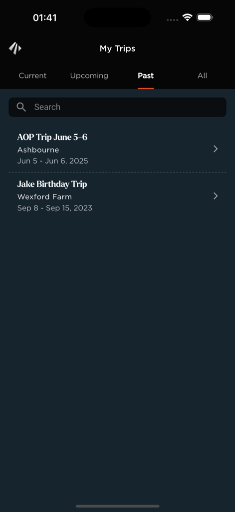 Eleven Experience - The Eleven Experience app interface displaying a list of past travel itineraries and trips.
