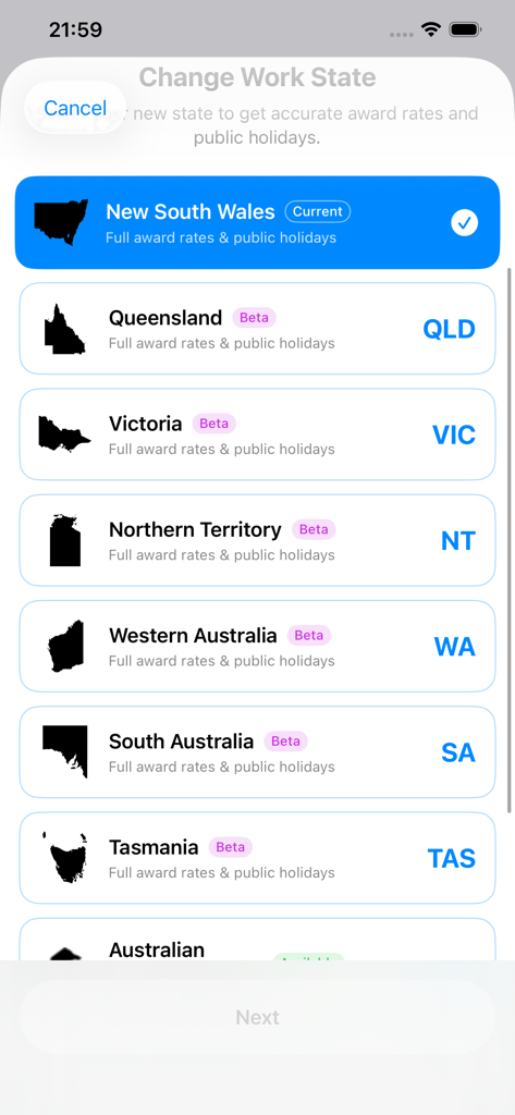 MyRoster - Selection screen for Australian states in the MyRoster app to apply correct award rates and public holidays.