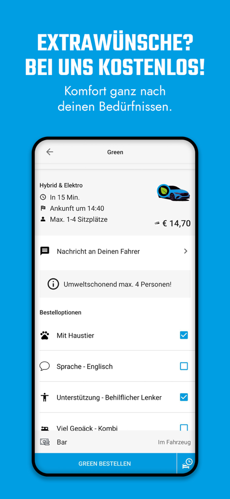 Taxi 31300: Dein Taxi Wien - Taxi 31300 app interface showing green taxi booking options in Vienna with special request features