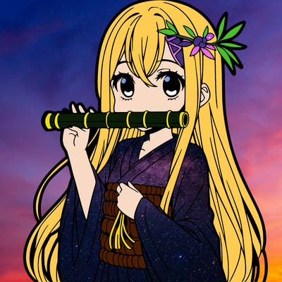 anime girl with a small and big bamboo in her mouth long hair and pink dress with a long and loose gianna