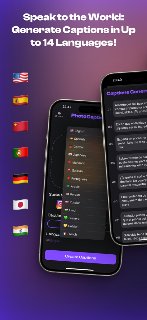 Photo Caption Generator AI - Aplicación de títulos de fotos IA que muestra soporte multilingüe para la creación de contenido en redes sociales.