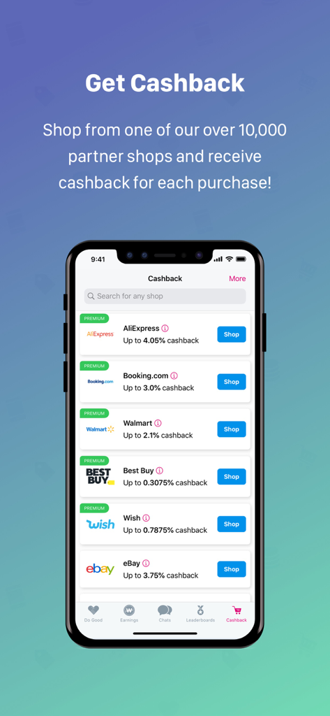 Interfaz de WowApp que muestra recompensas de reembolso por compras en línea en varias tiendas asociadas.