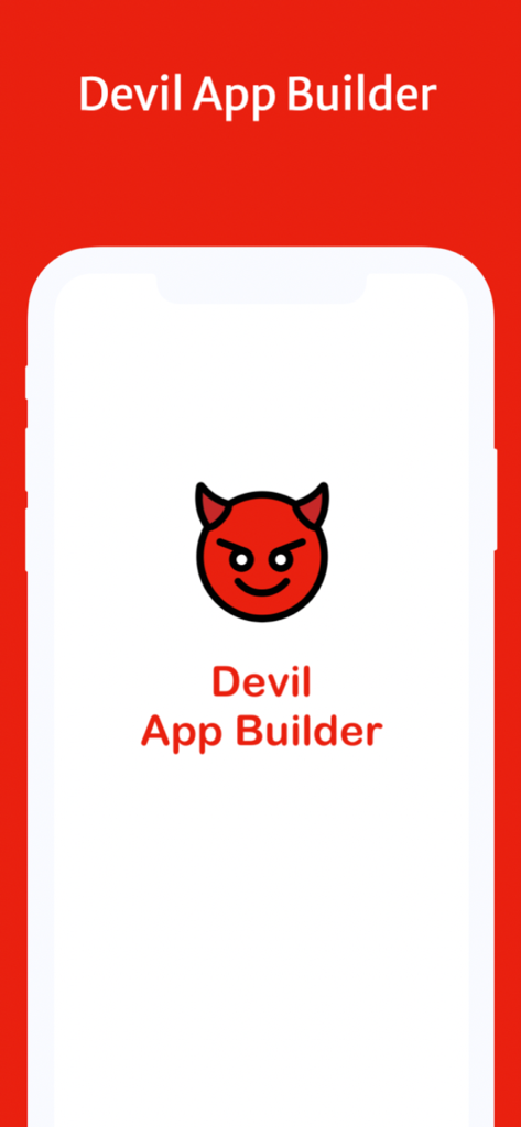 Devil App Builder - Pantalla de bienvenida de Devil App Builder mostrando su logo de cabeza de diablo en la pantalla de un dispositivo móvil.