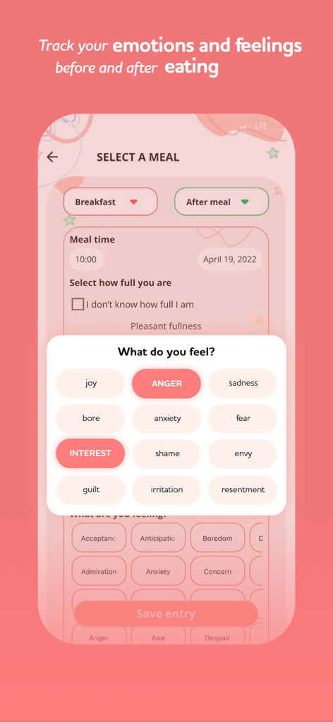 I feel food - mindful eating - Una pantalla de aplicación móvil para rastrear la salud emocional y los sentimientos antes y después de comer una comida