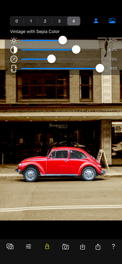 Color Focus Lens - Red vintage car with color splash effect on sepia building background