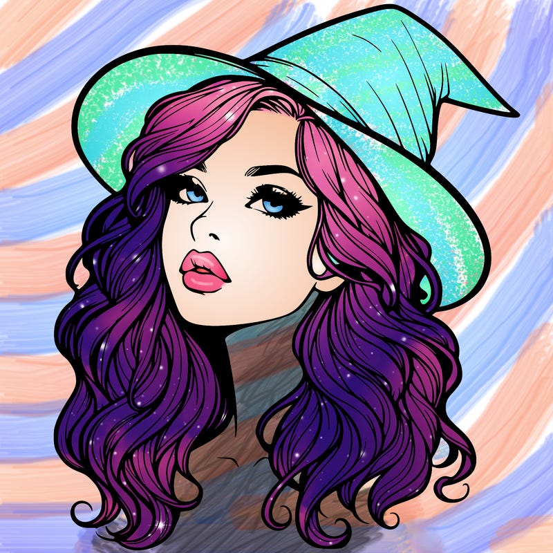 realistic witch girl with wavy hair and lips