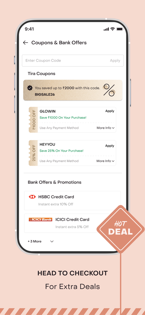 Tira: Online Beauty Shopping - Pantalla de cupones y ofertas bancarias de la aplicación Tira que muestra varios códigos de descuento y promociones de tarjetas de crédito.