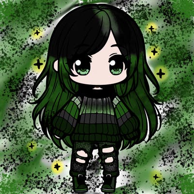chibi girl with ripped jeans,long hair, and an oversized sweater