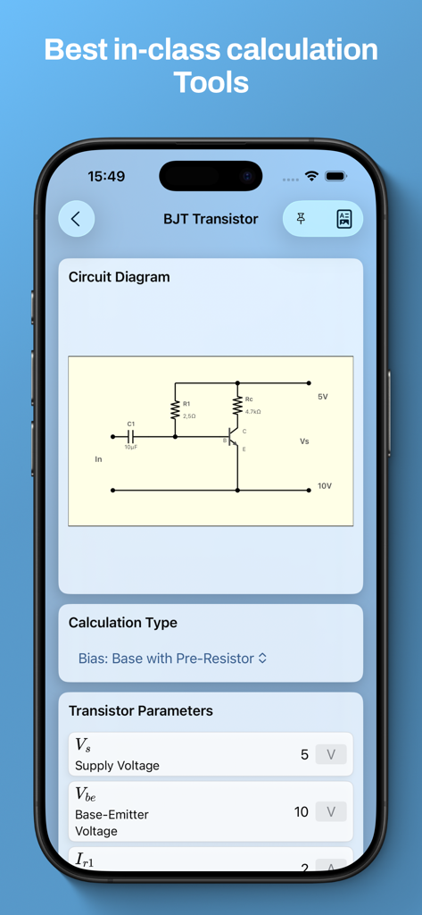 Electronic-Toolbox 2 - BJT transistor calculation interface with circuit diagram and parameter inputs