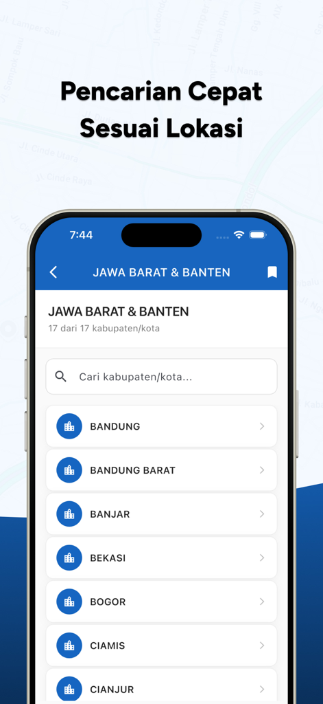 CCTV ATCS Indonesia Live - Interface of CCTV ATCS Indonesia Live app showing a list of cities in Jawa Barat and Banten for traffic monitoring.