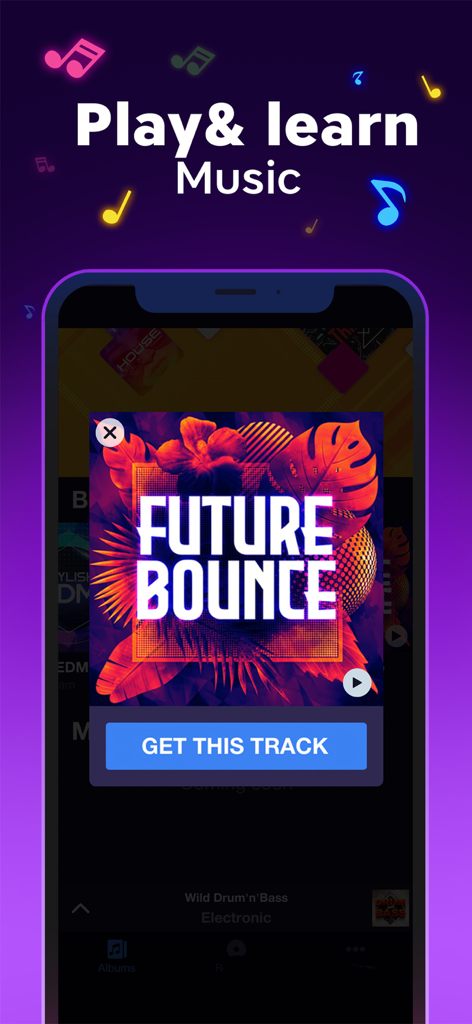 Mobile phone screen showing a Future Bounce music track offer in the Groove Masters app