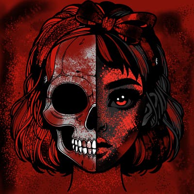 realistic girl with half skull mask