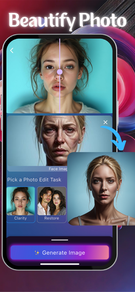 Aethia AI Photo & Video Editor - Interface do aplicativo Aethia AI mostrando recursos de embelezamento de fotos e retoque de pele com comparações de antes e depois.