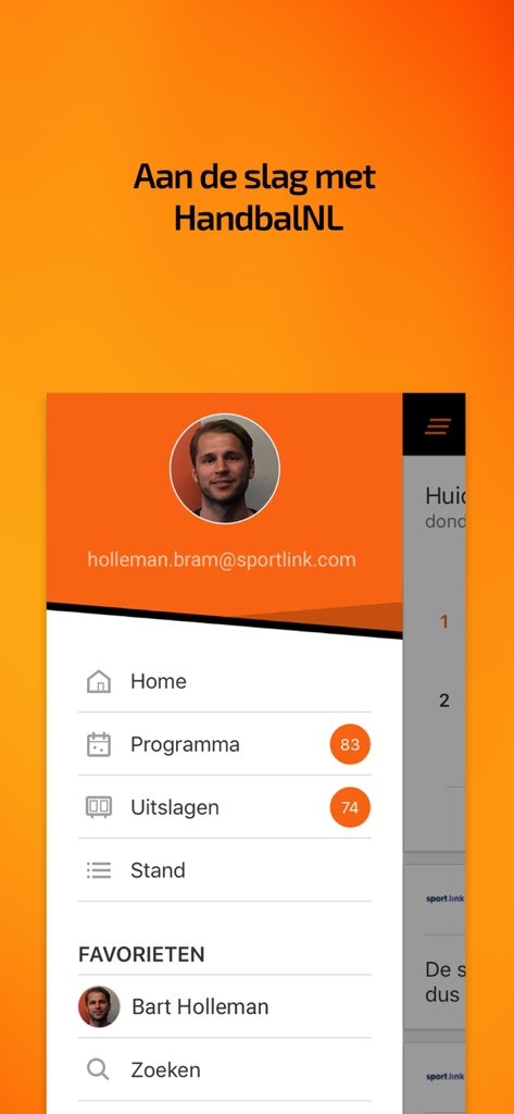 HandbalNL app navigation interface showing user profile and sports categories