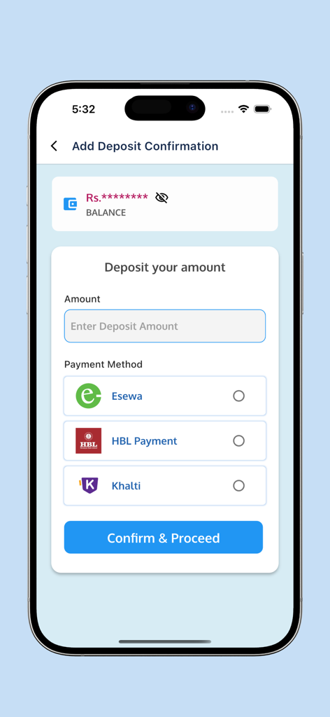 Norvic Care - Norvic Care app screen showing options to add a deposit with local Nepali payment methods like Esewa and HBL.