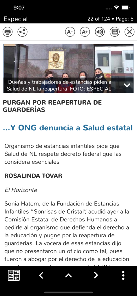 Artículo de noticias en español en la app de El Horizonte sobre centros de cuidado infantil.
