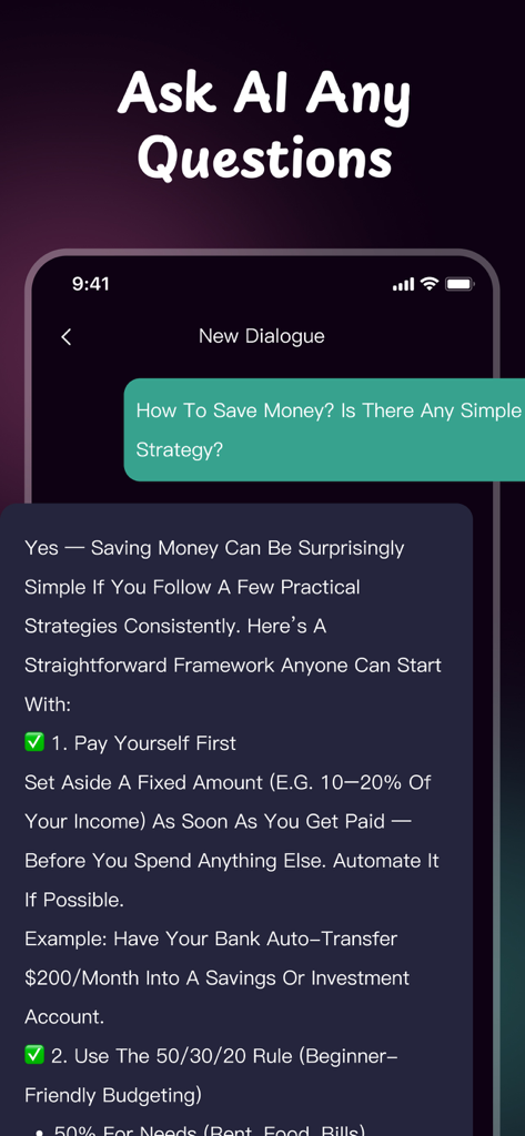 Chatbot AI Assistant, Image AI - Una pantalla de teléfono móvil que muestra un diálogo de chat en la aplicación ChatOm AI proporcionando asesoramiento financiero y estrategias de ahorro.