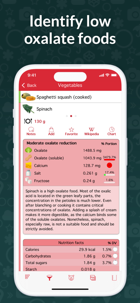 OxiPur – Gout & Kidney Stones - OxiPur app interface showing detailed oxalate levels and nutritional data for spinach
