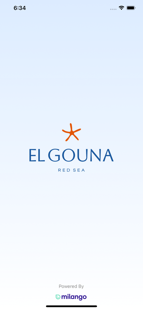 Tela inicial do aplicativo móvel El Gouna Red Sea com um logotipo de estrela do mar laranja e o texto El Gouna Red Sea, com tecnologia de milango.