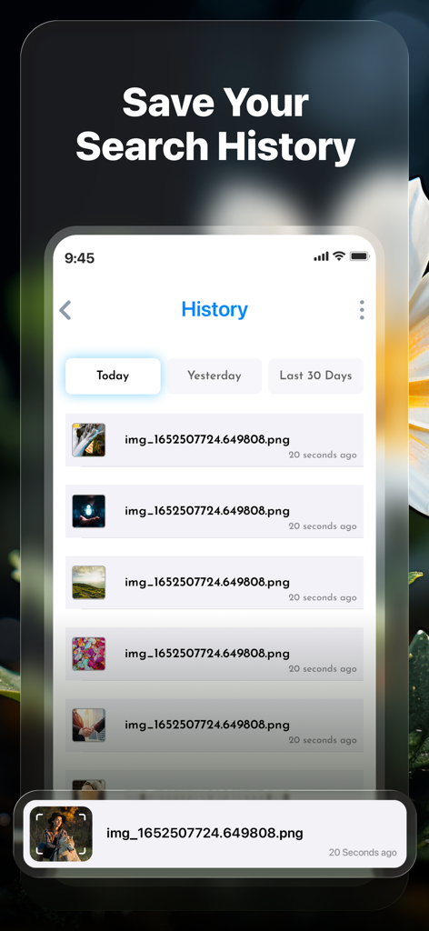 Lens | Reverse Image Search - Uno schermo di smartphone che mostra la funzione cronologia di ricerca dell'app Lens con un elenco di ricerche visive recenti